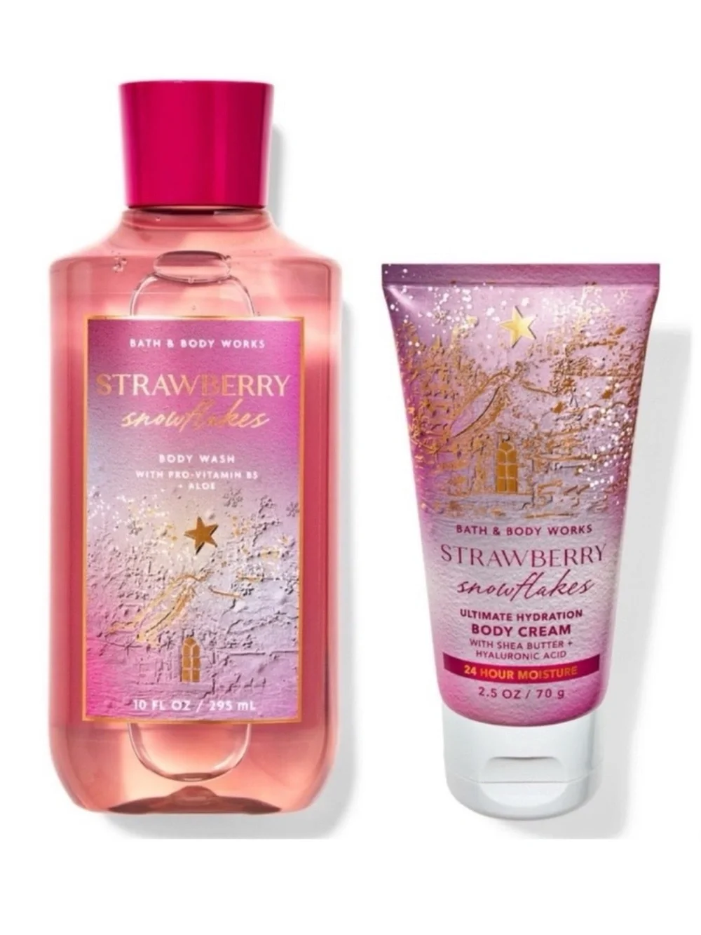 Bath & Body Works Strawberry Snowflakes Body Wash 10 FLOZ & Body Cream 2.5 OZ
